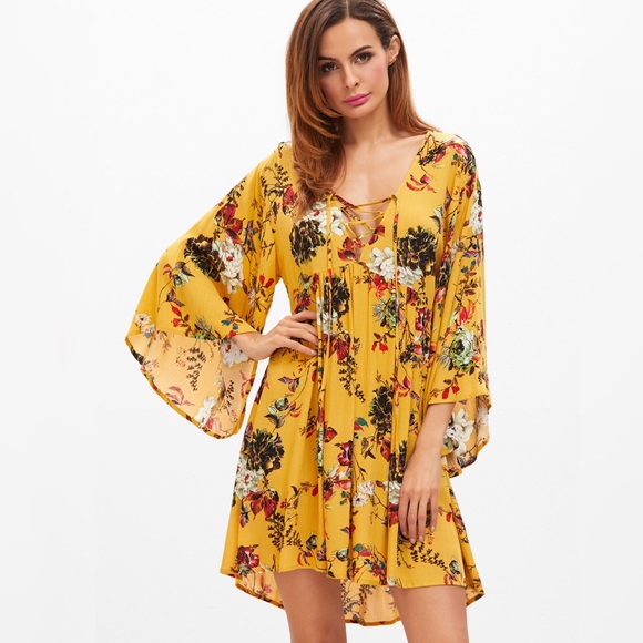 Boho Lace Up Front Bell Sleeve Floral Dress Yellow - Picture 4 of 5